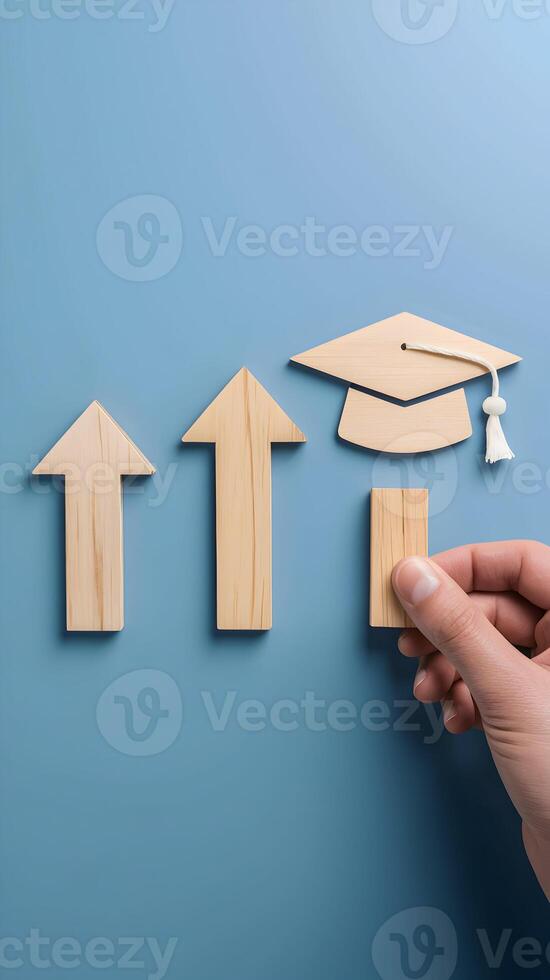 Sequence of three wooden cutouts, graduation cap held by human hand highlights importance Vertical Mobile Wallpaper photo