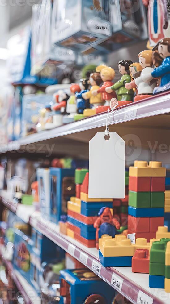 Toy store shelf filled with colorful figurines and building blocks, playful display Vertical Mobile Wallpaper photo