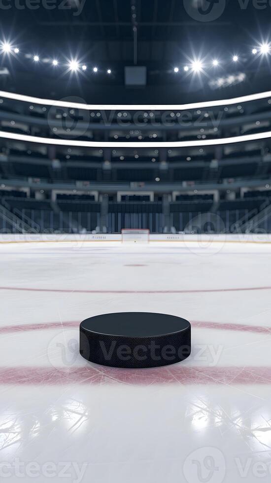 Hockey puck on ice, arena illuminated under bright lights, empty seats visible Vertical Mobile Wallpaper photo