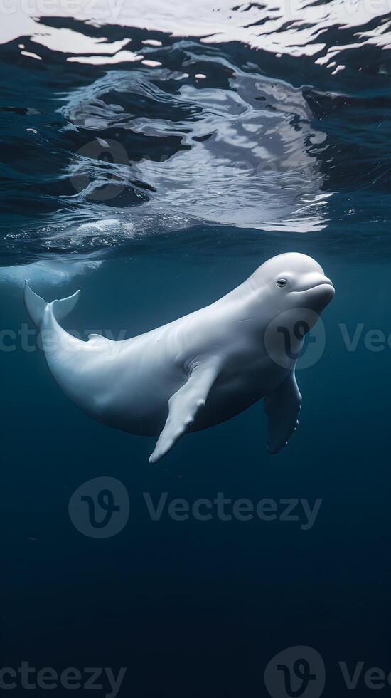 Beluga whale swims gracefully, smooth white body contrasts deep blue ocean waters Vertical Mobile Wallpaper photo