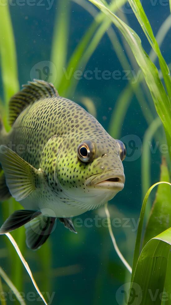 Speckled fish swims among plants in serene, clear underwater scenery Vertical Mobile Wallpaper photo