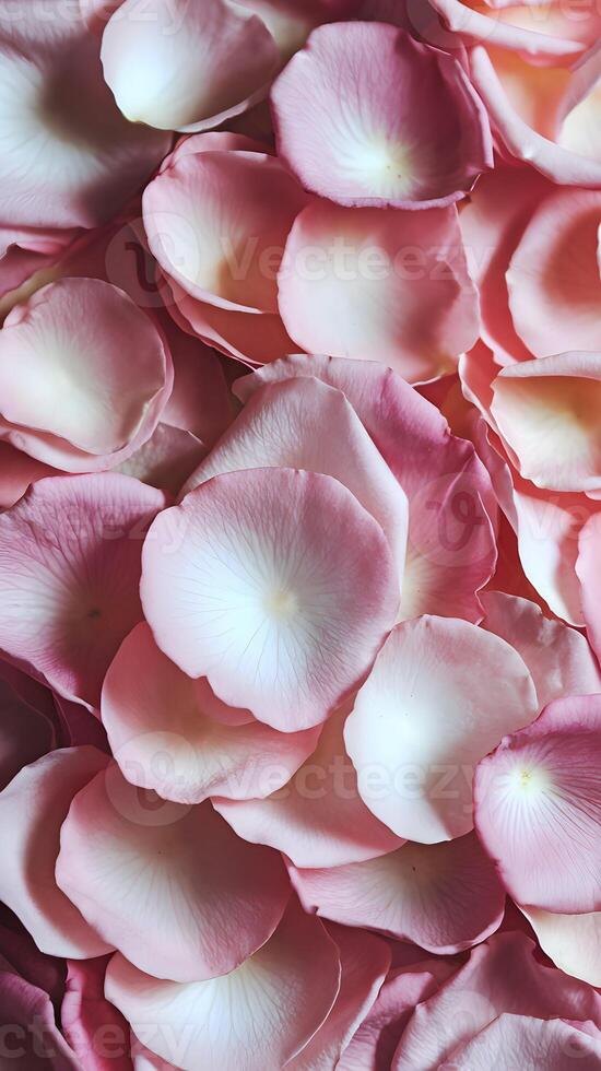 Soft rose petals pile, pink white gradient creates depth in intimate floral scene Vertical Mobile Wallpaper photo