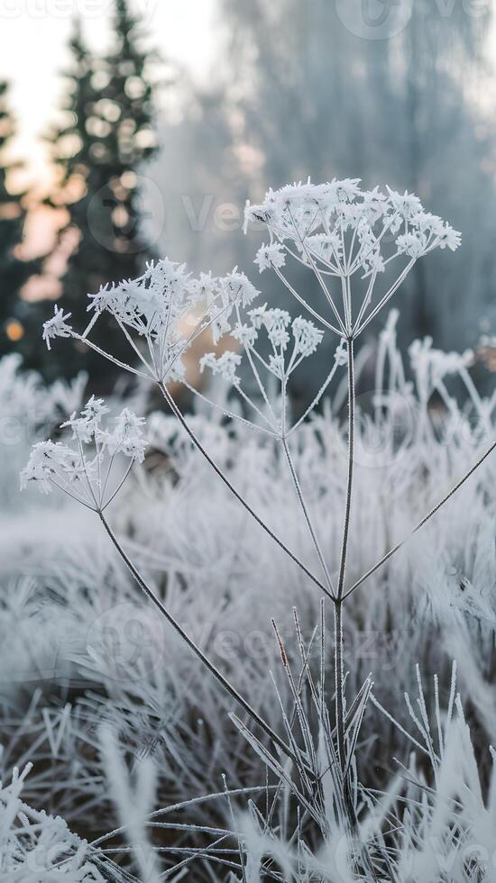 Frost covered plants, clustered structures encased in delicate ice evoke winter serenity Vertical Mobile Wallpaper photo