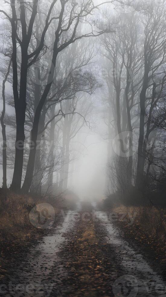 Misty forest pathway with barren trees invites curiosity and ethereal exploration Vertical Mobile Wallpaper photo