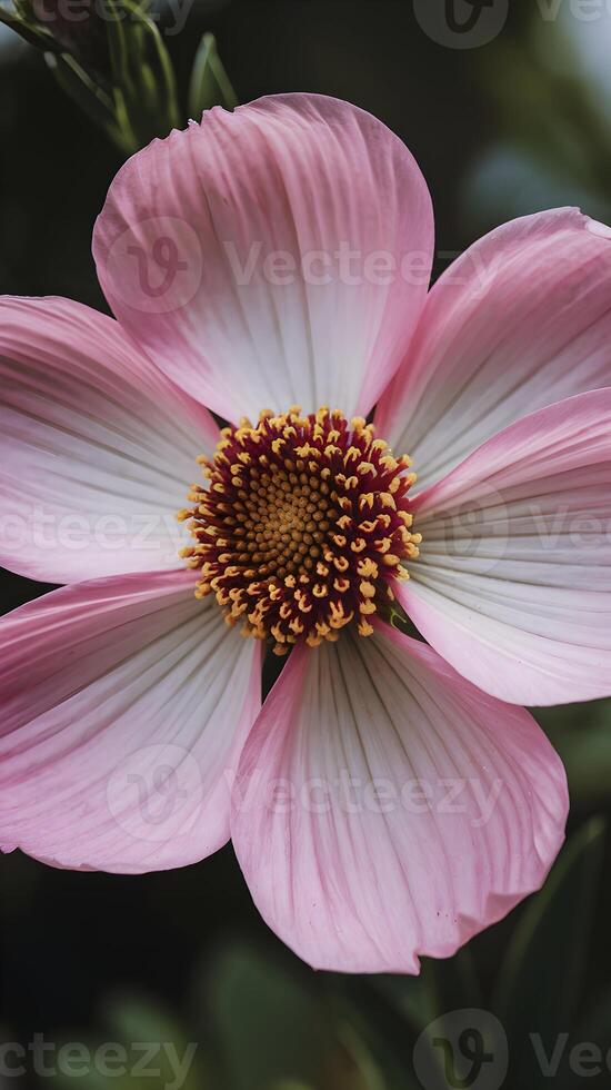 A pink flower unfurls vibrant petals around its intricate yellow center Vertical Mobile Wallpaper photo