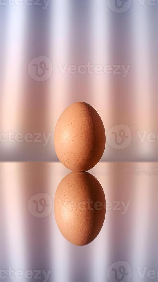 A single egg stands upright, reflected on a surface against pastel hues Vertical Mobile Wallpaper photo