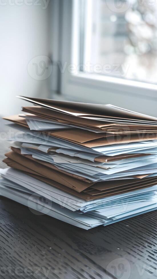Papers and envelopes piled haphazardly on wooden surface, serene light glowing Vertical Mobile Wallpaper photo