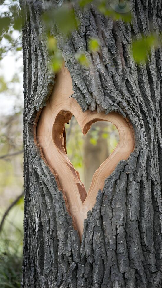 Tree trunks heart shaped carving contrasts with dark bark, softly lit Vertical Mobile Wallpaper photo