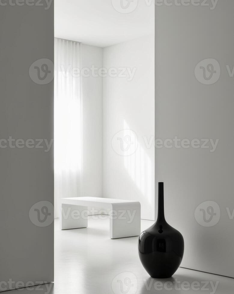 A white room with a black vase and a white bench. photo