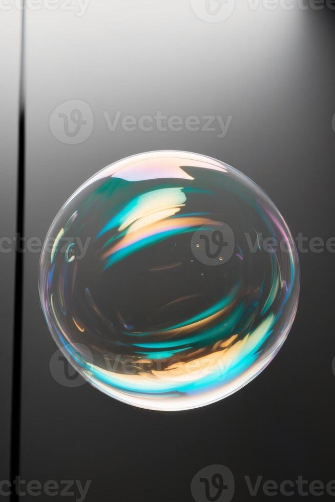 Colorful soap bubble on black background with iridescent hues. photo
