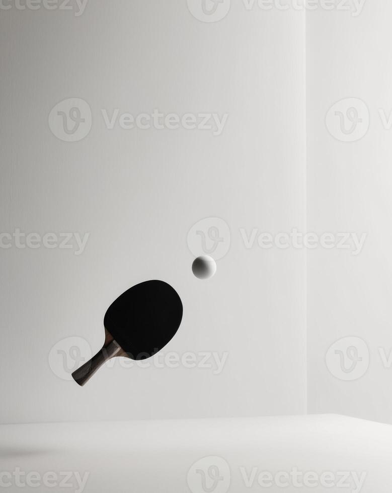 Table Tennis Paddle and Ball on Invisible Surface. photo