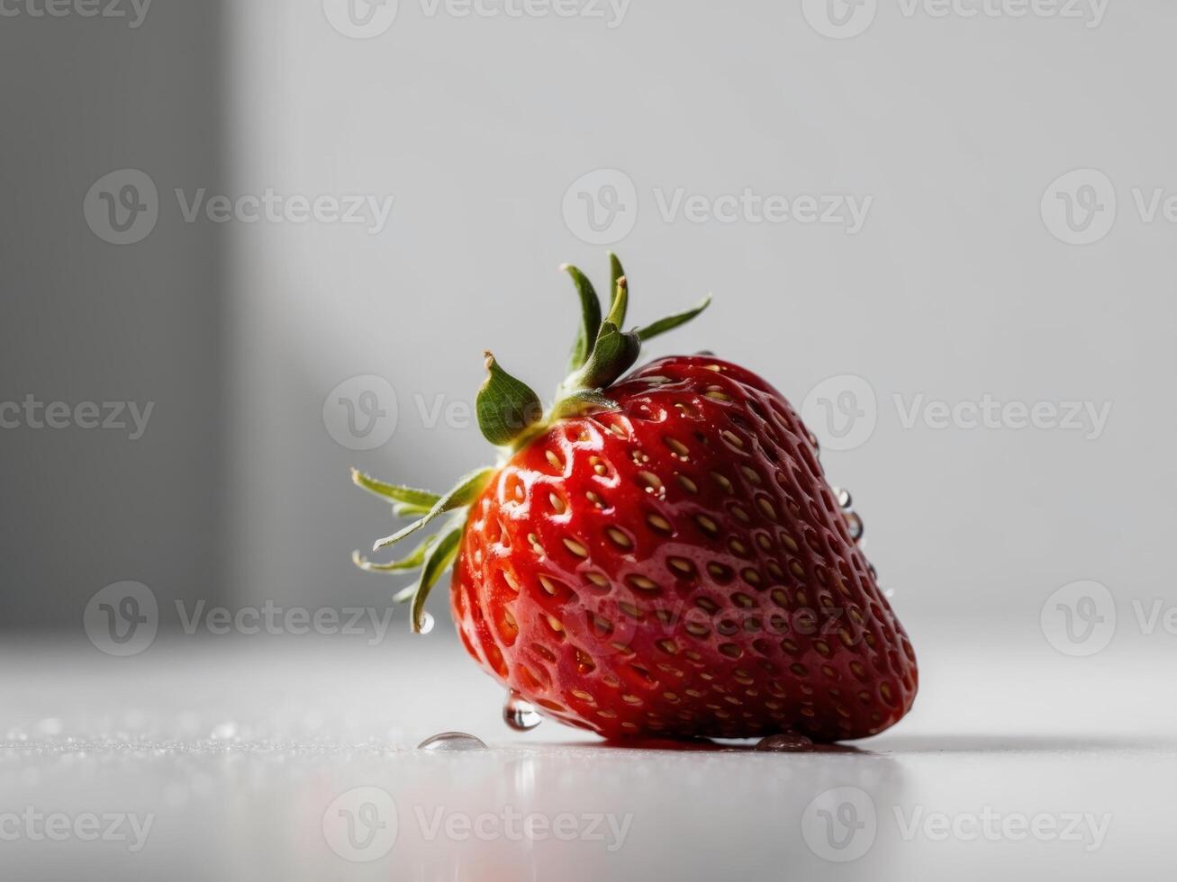 A close up of a red strawberry with a few drops of water on it. photo