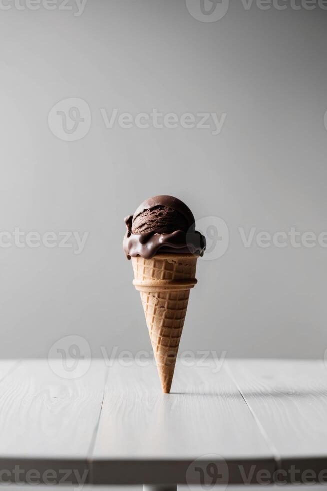 Chocolate ice cream cone is sitting on a table. photo