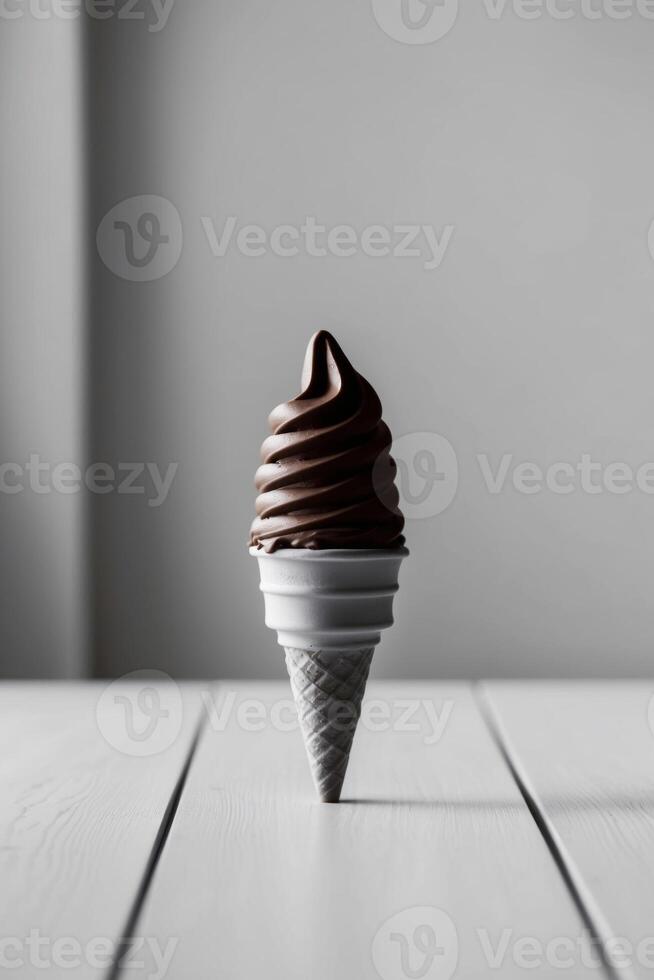 Chocolate ice cream cone is sitting on a table. photo