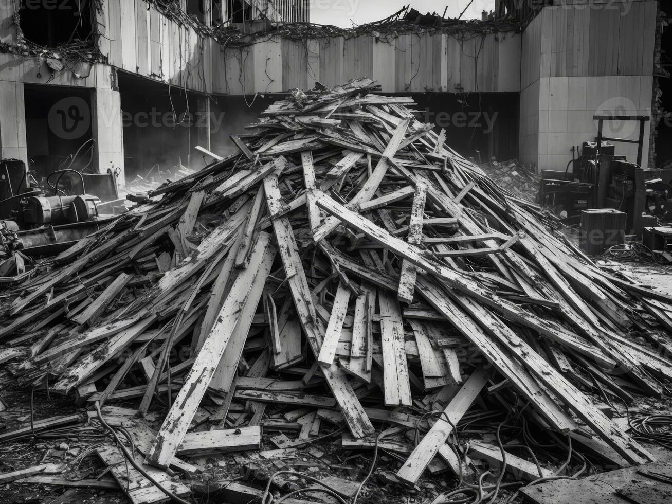 a large pile of scrap wood from a demolished building during the demolition process. photo