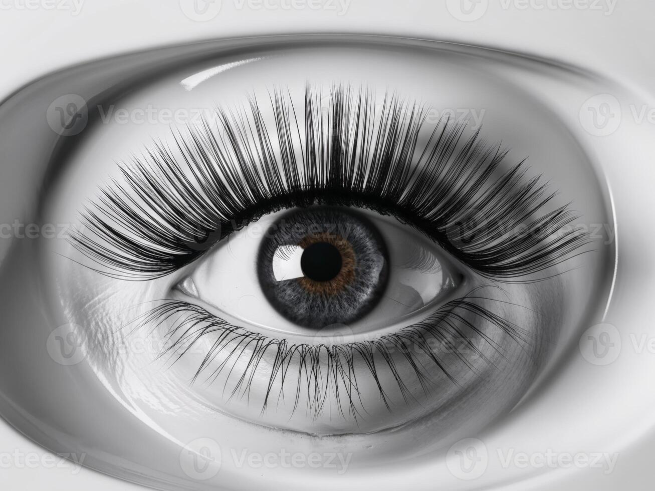 close up of eye with eyelash extensions in beauty salon macro eye top view. photo
