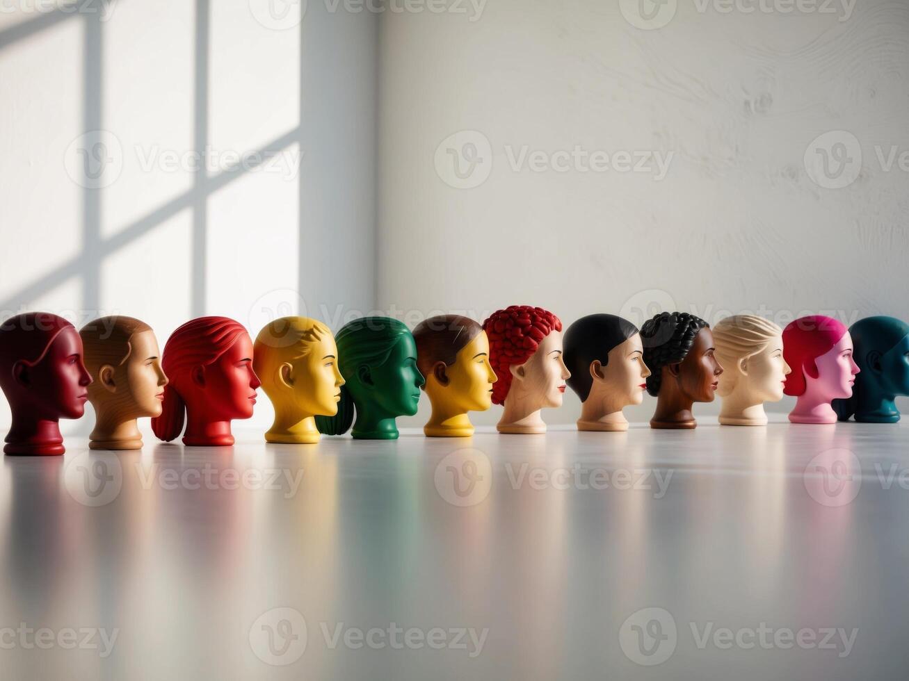 colorful wooden profiles side by side diversity and inclusion concept. photo