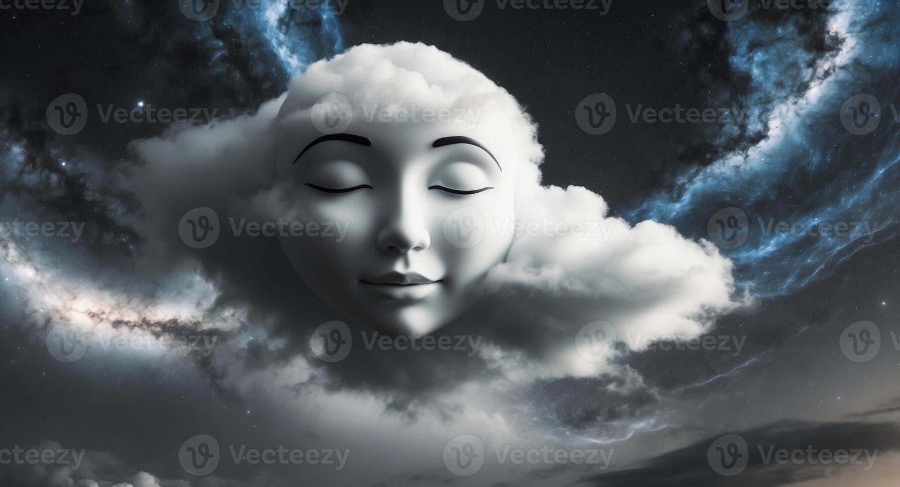 Cosmic energy swirls around a serene face formed by clouds. photo