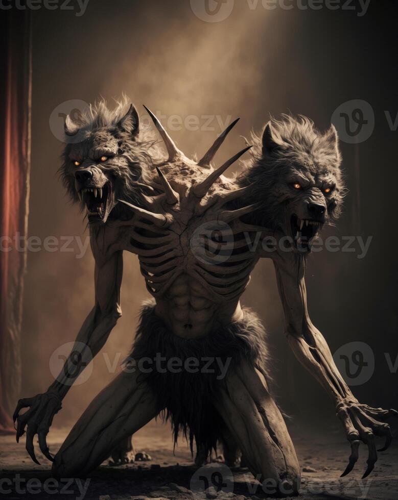 Cursed Werewolf Transformation Bones Cracking Skin Tearing Fur Erupting in Chilling Horror Atmosphere. photo