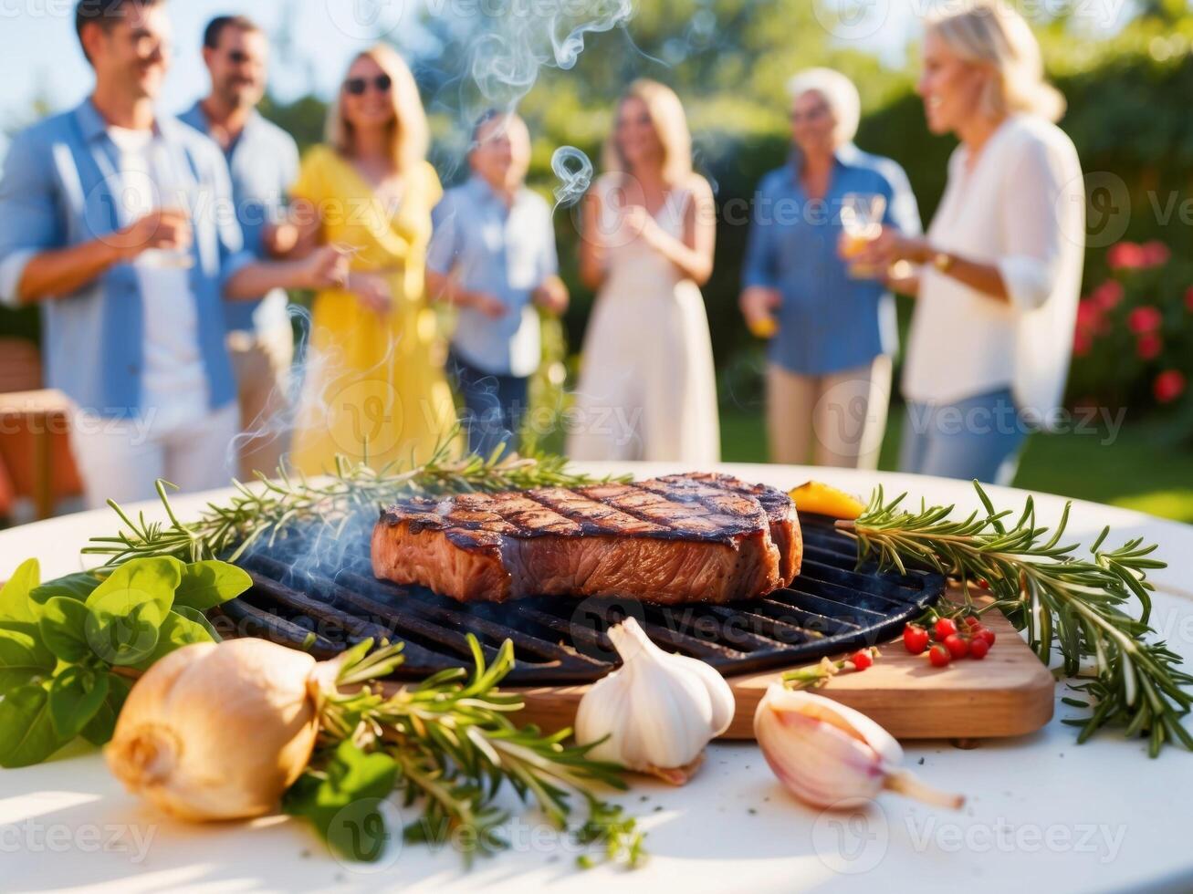 Deliciously grilled steak with spices and herbs over an open flame in a backyard during a summer barbecue gathering. photo