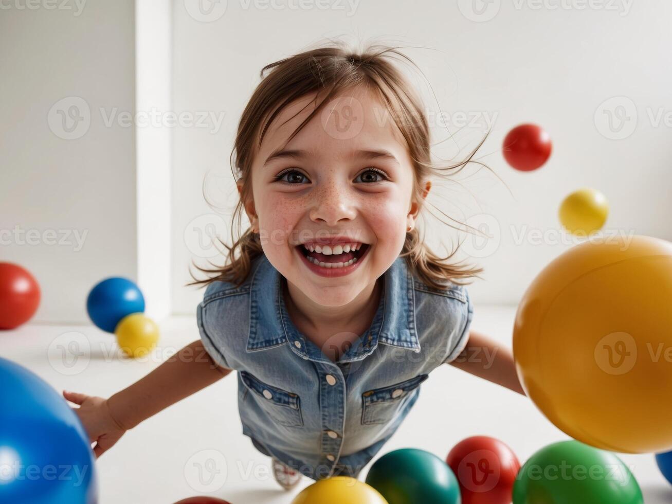 Excited Girl Surrounded by Bright Playground Balls. photo