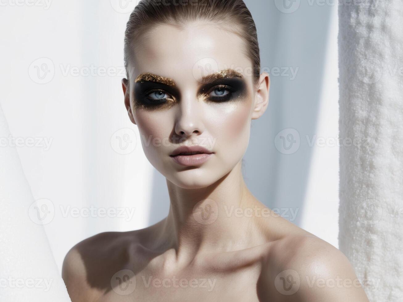 Fashion model showing smudged black and gold makeup around eye. photo