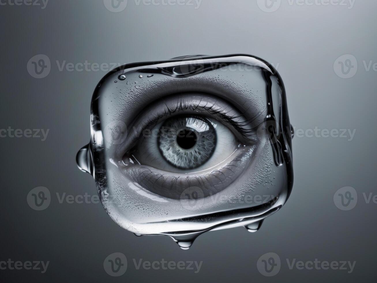 eye kept inside of a melting ice cube with dark round. photo