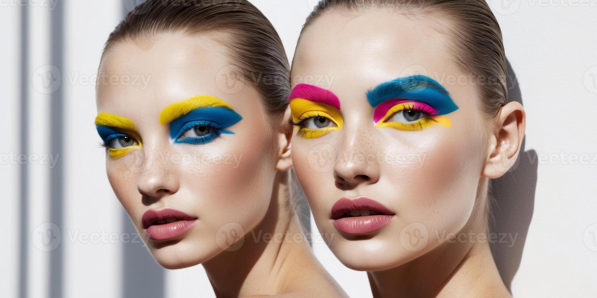 Fashion model showing creative colorful eyeshadow makeup. photo