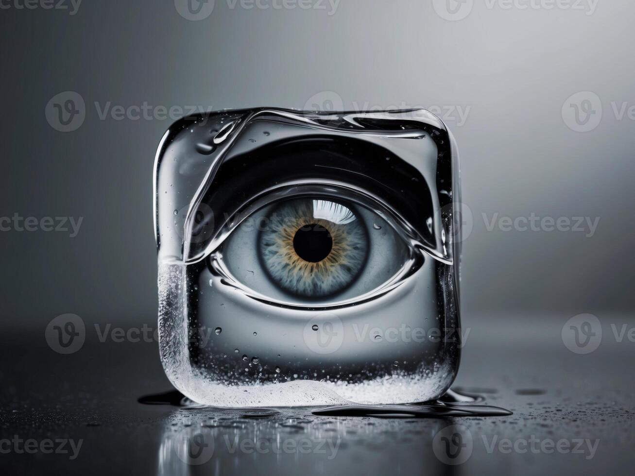 eye kept inside of a melting ice cube with dark round. photo