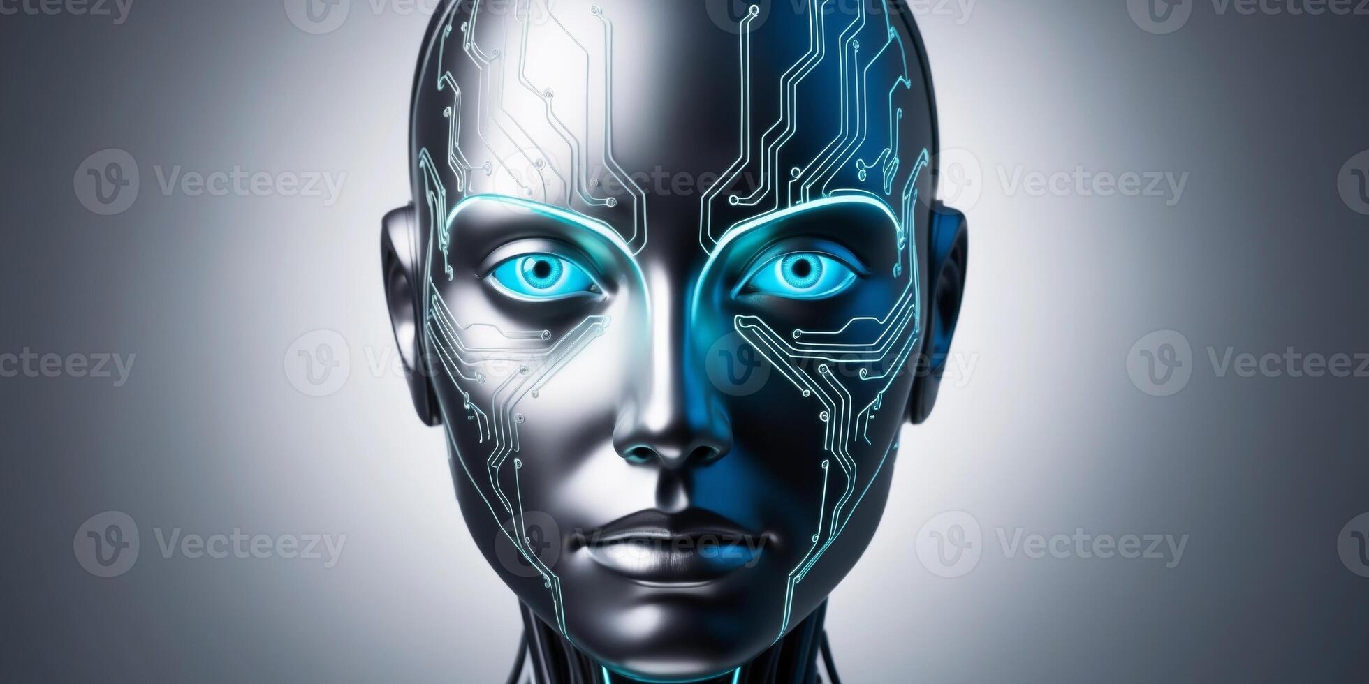 Futuristic neon robotic face with glowing circuits and blue eyes. photo