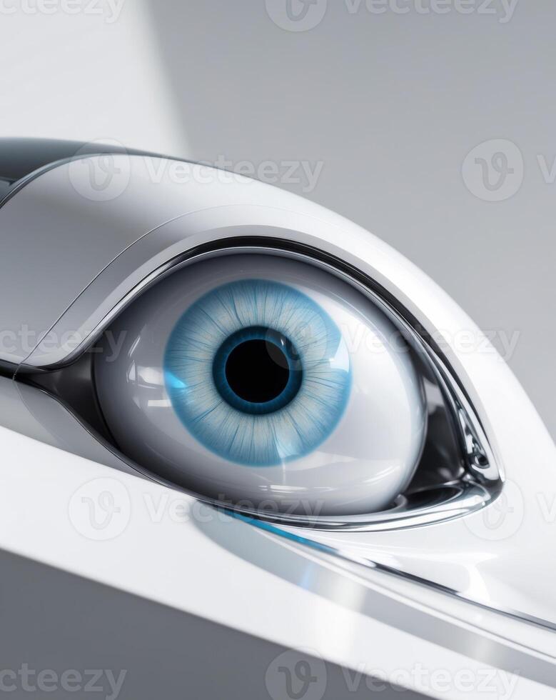 futuristic cybernetic eye concept with blue iris technology close up. photo