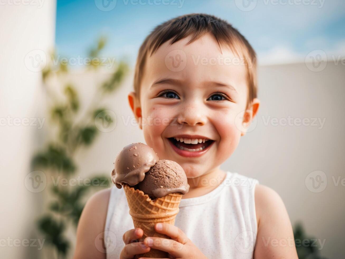 Child holding a chocolate ice cream cone with two scoops outdoors. photo