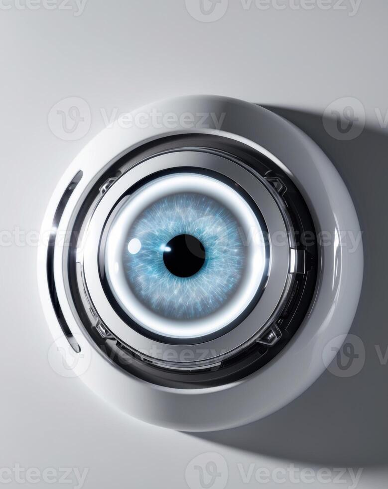 futuristic cybernetic eye concept with blue iris technology close up. photo