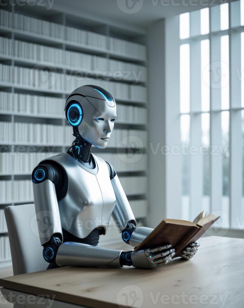 Futuristic Robot Reading a Book in Modern Library Setting. photo