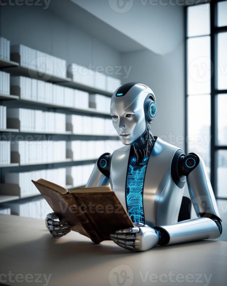 Futuristic Robot Reading a Book in Modern Library Setting. photo