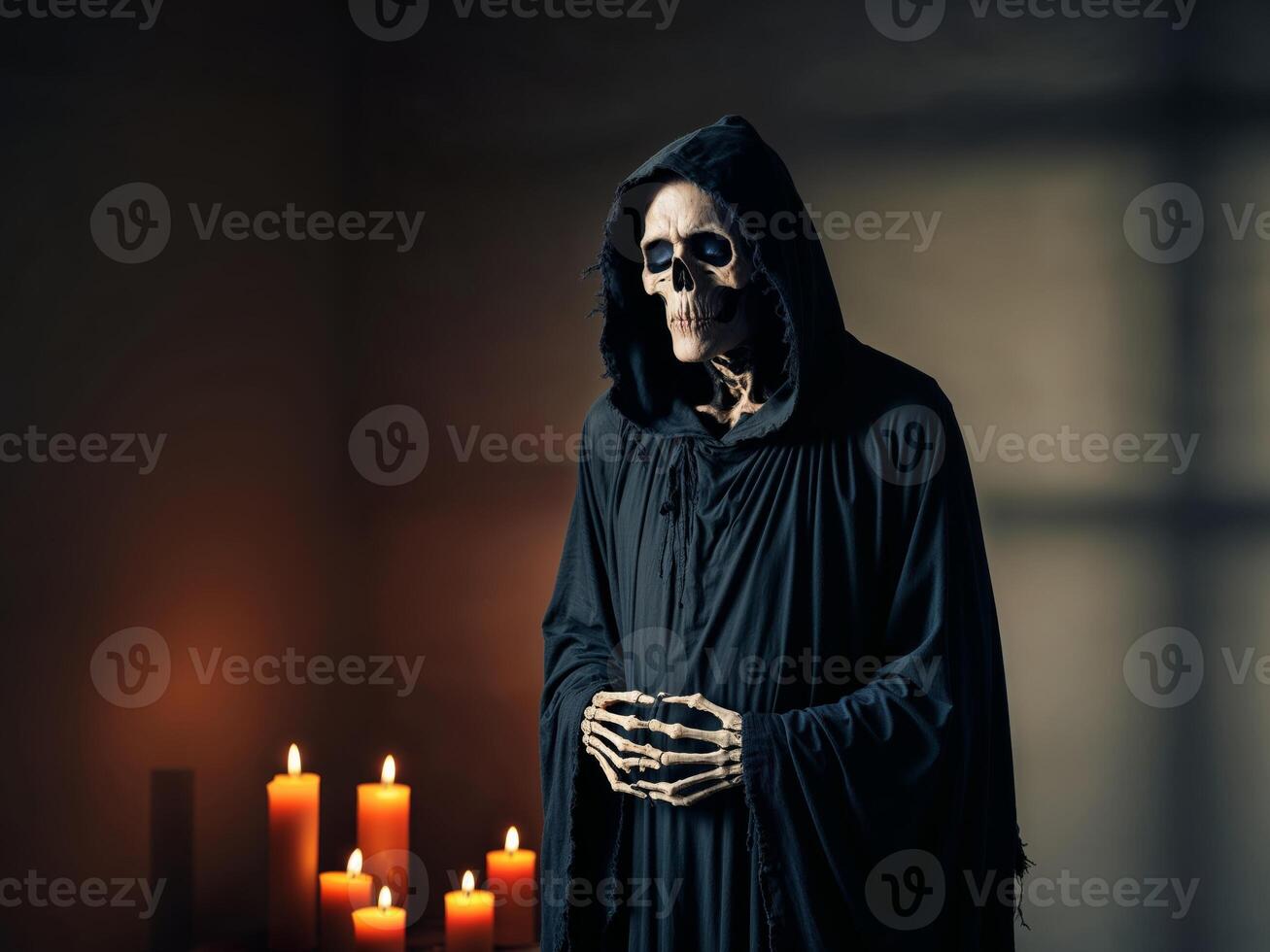 Grim Reaper in a dark room with flickering candlelight. photo