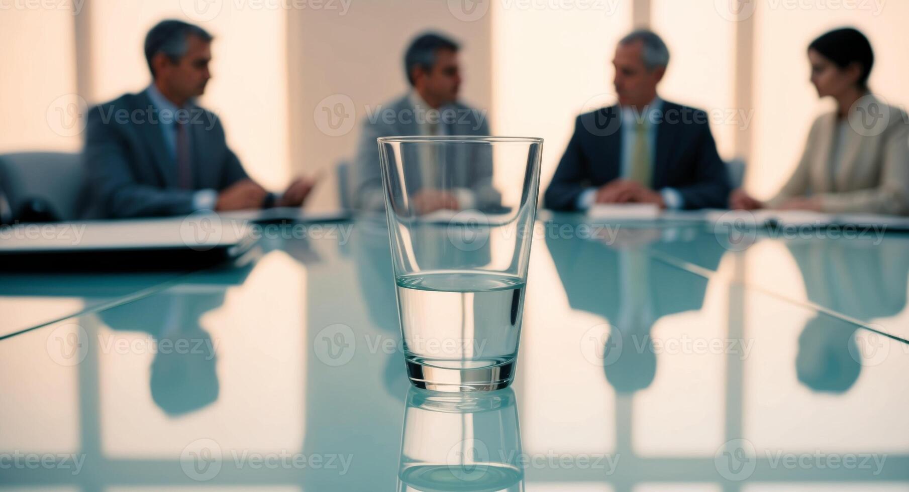 Glass of Water on Reflective Table with Meeting in Background. photo