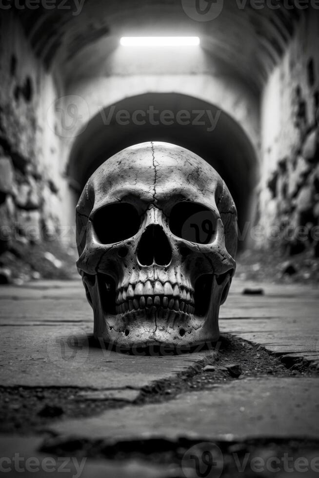 Gothic Skull In Abandoned Underground Tunnel. photo