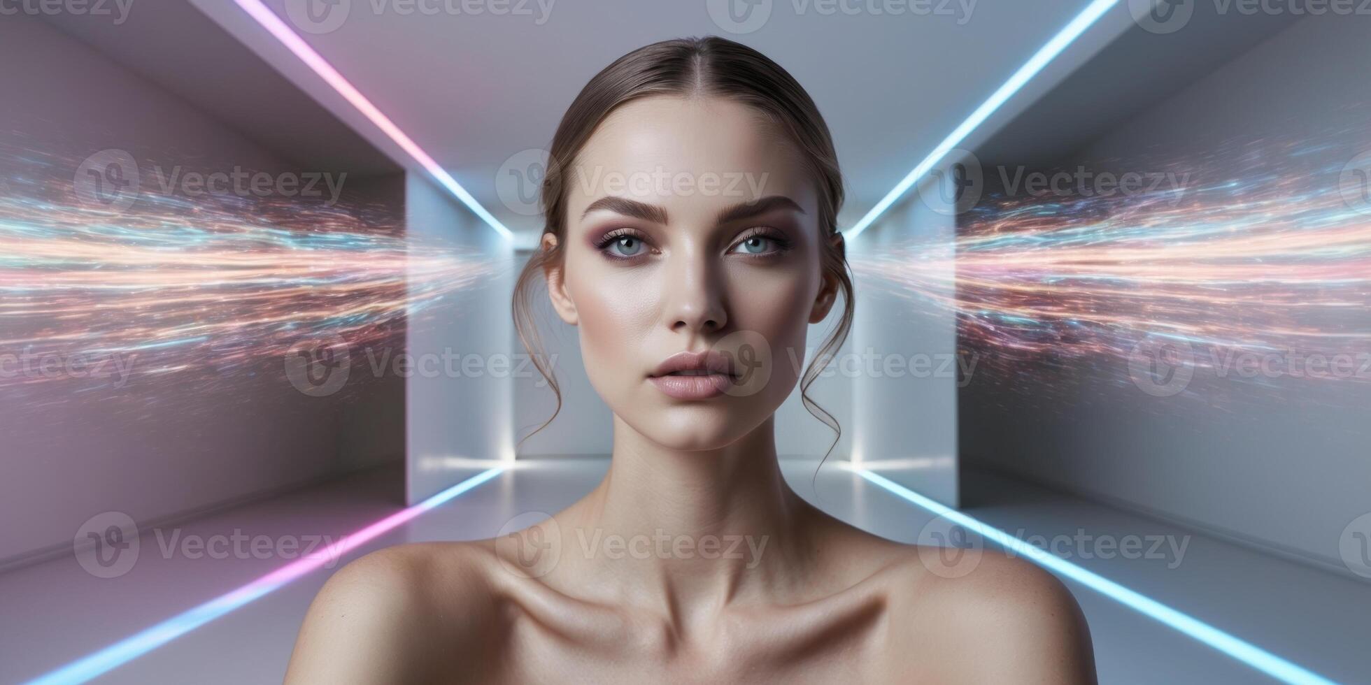 Gorgeous Model Framed by Prismatic Light Effects. photo