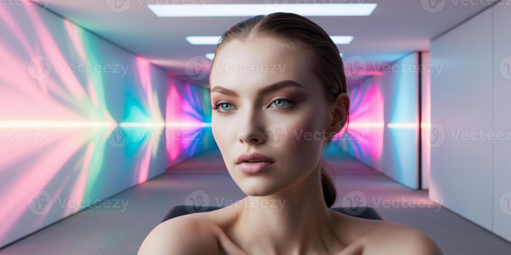 Gorgeous Model Framed by Prismatic Light Effects. photo