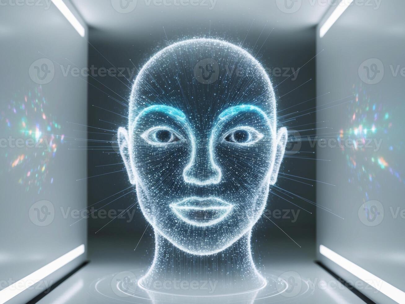 Holographic Face made of glowing particles representing artificial intelligence. photo