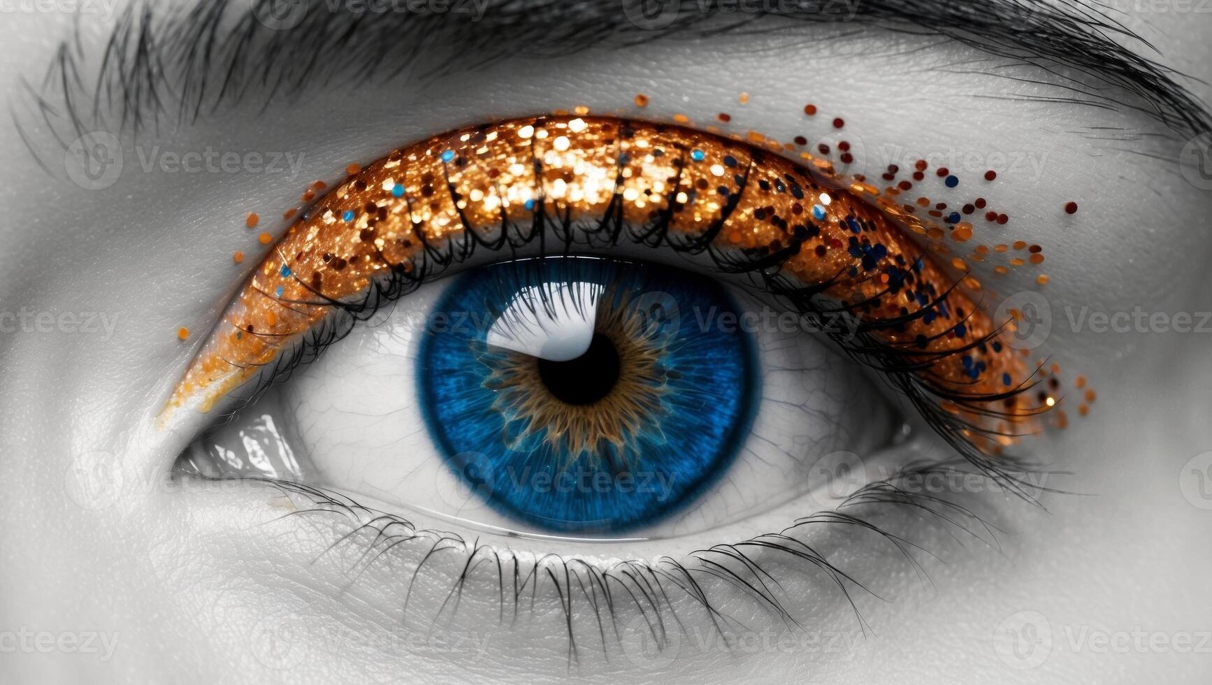 macro shot of blue eye with shimmering orange and blue glitter. photo