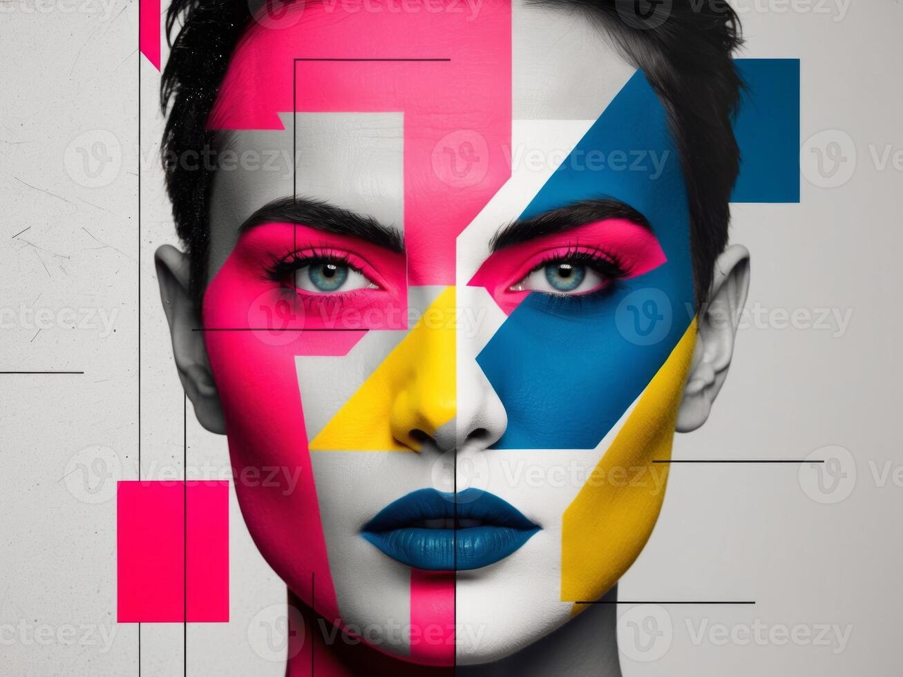 Modern Abstract Face Art In Bold Color Blocks. photo