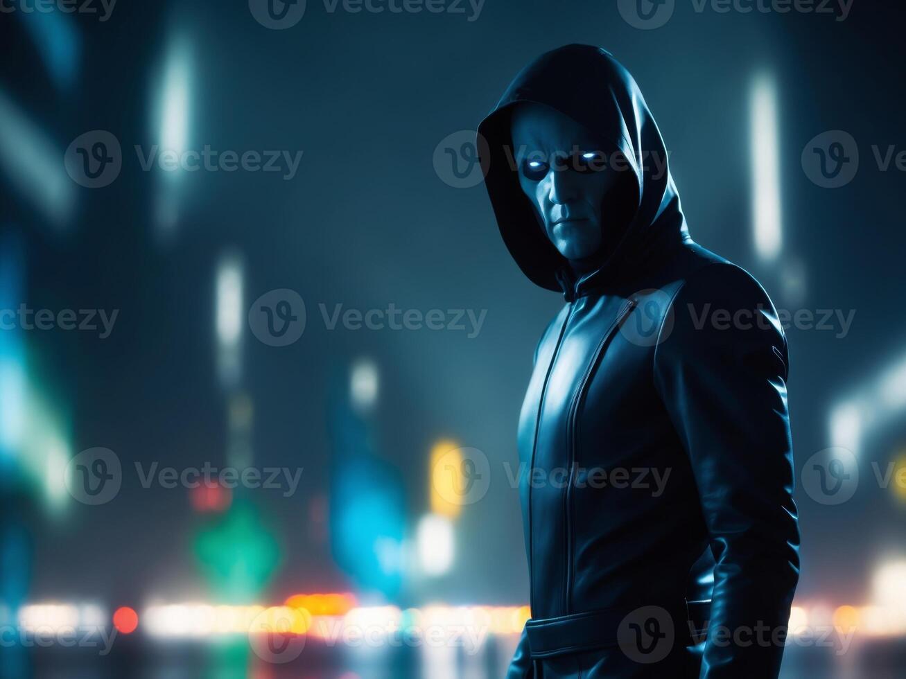Mysterious figure in dark attire gazes intensely amid blurred city lights at night. photo