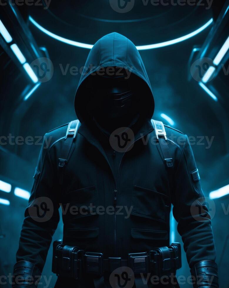 Mysterious Figure in Dark Technology Setting. photo