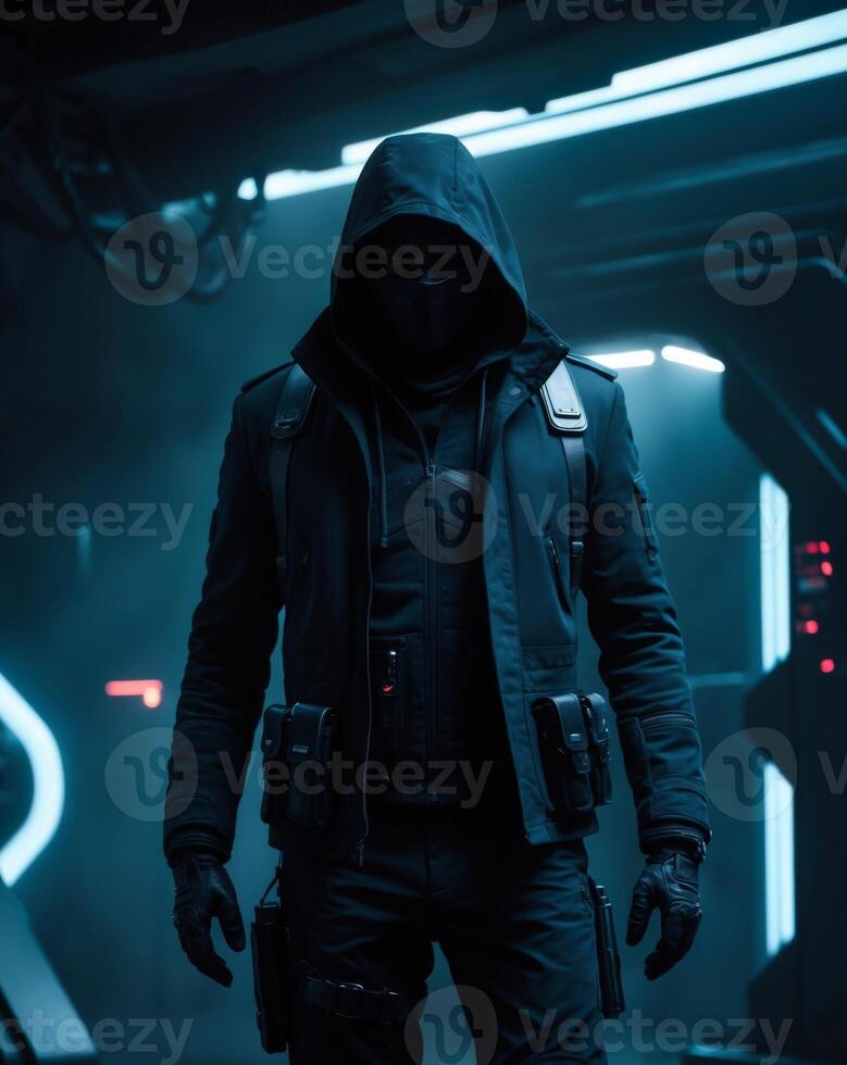 Mysterious Figure in Dark Technology Setting. photo