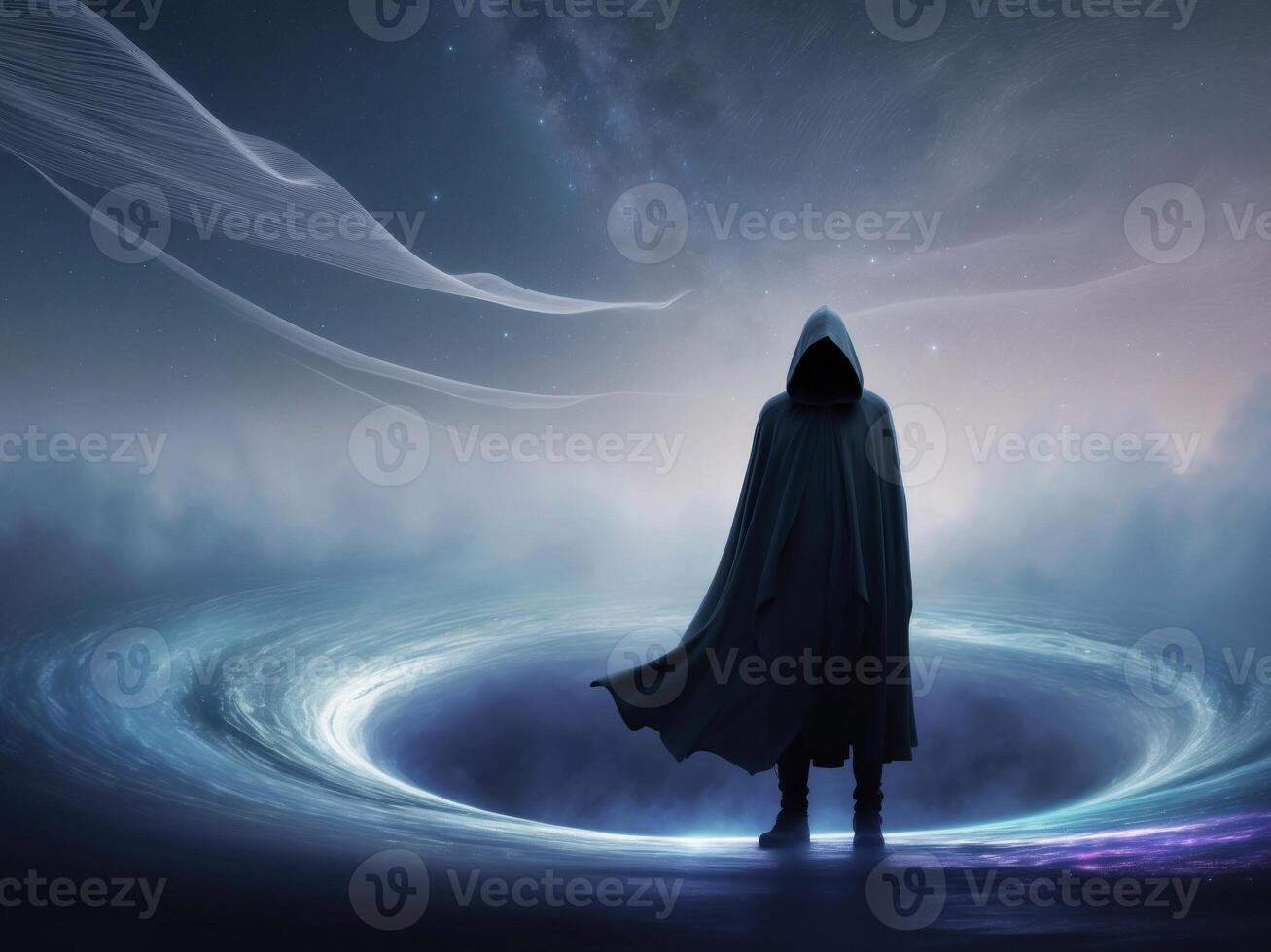 Mystical Cloaked Figure Overlooking Cosmic Vortex. photo