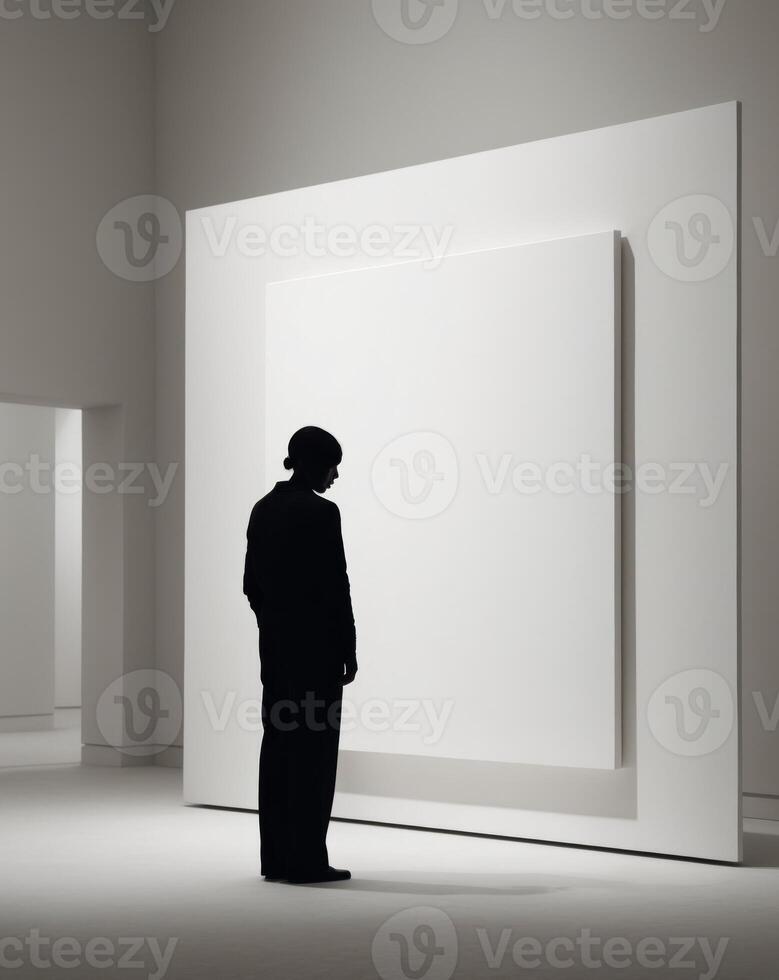 Silhouetted Figure at Art Exhibit with Blank Square Canvas. photo