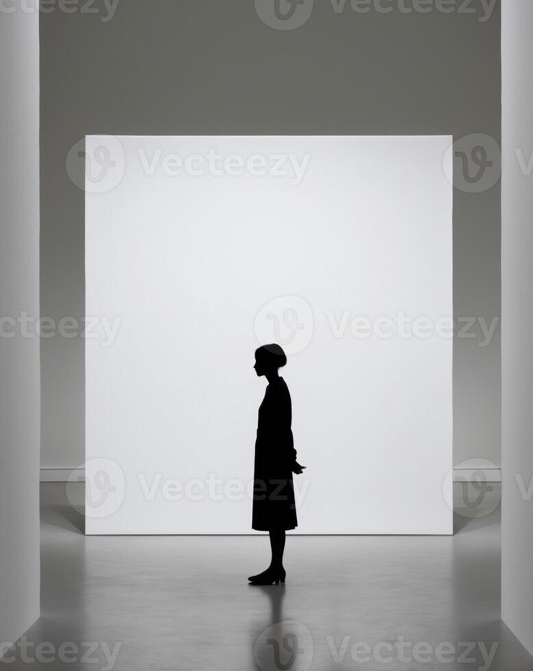 Silhouetted Figure at Art Exhibit with Blank Square Canvas. photo