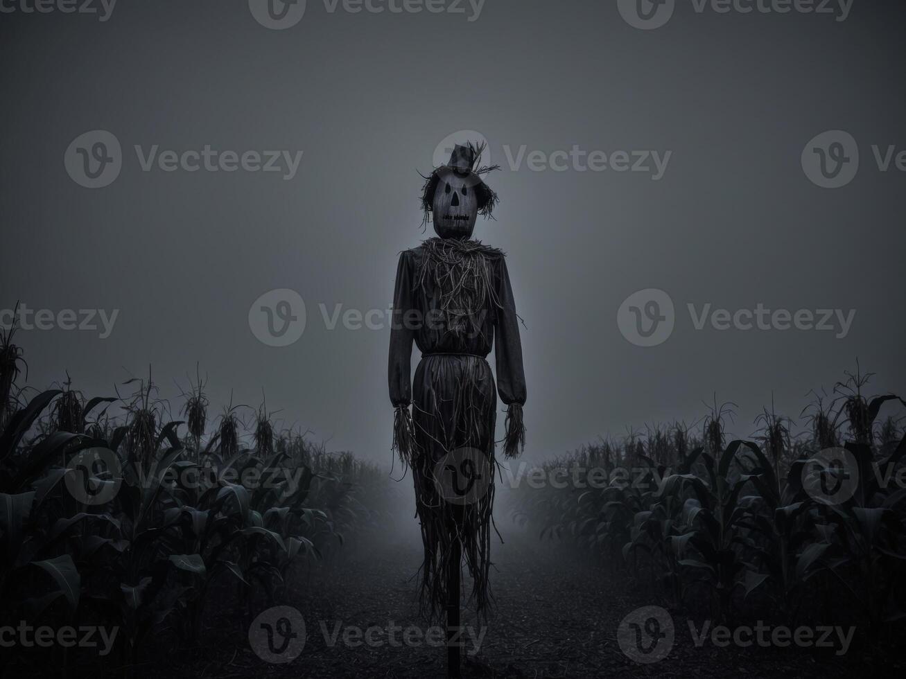 Spooky Scarecrow in Foggy Cornfield at Night. photo